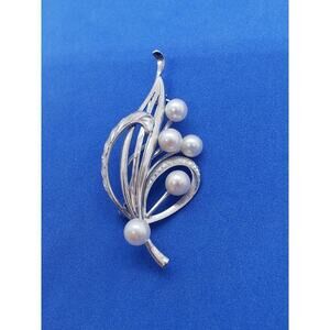 Vintage Sterling Silver 925 Leaf Genuine Cultured Pearl Brooch Pin Floral